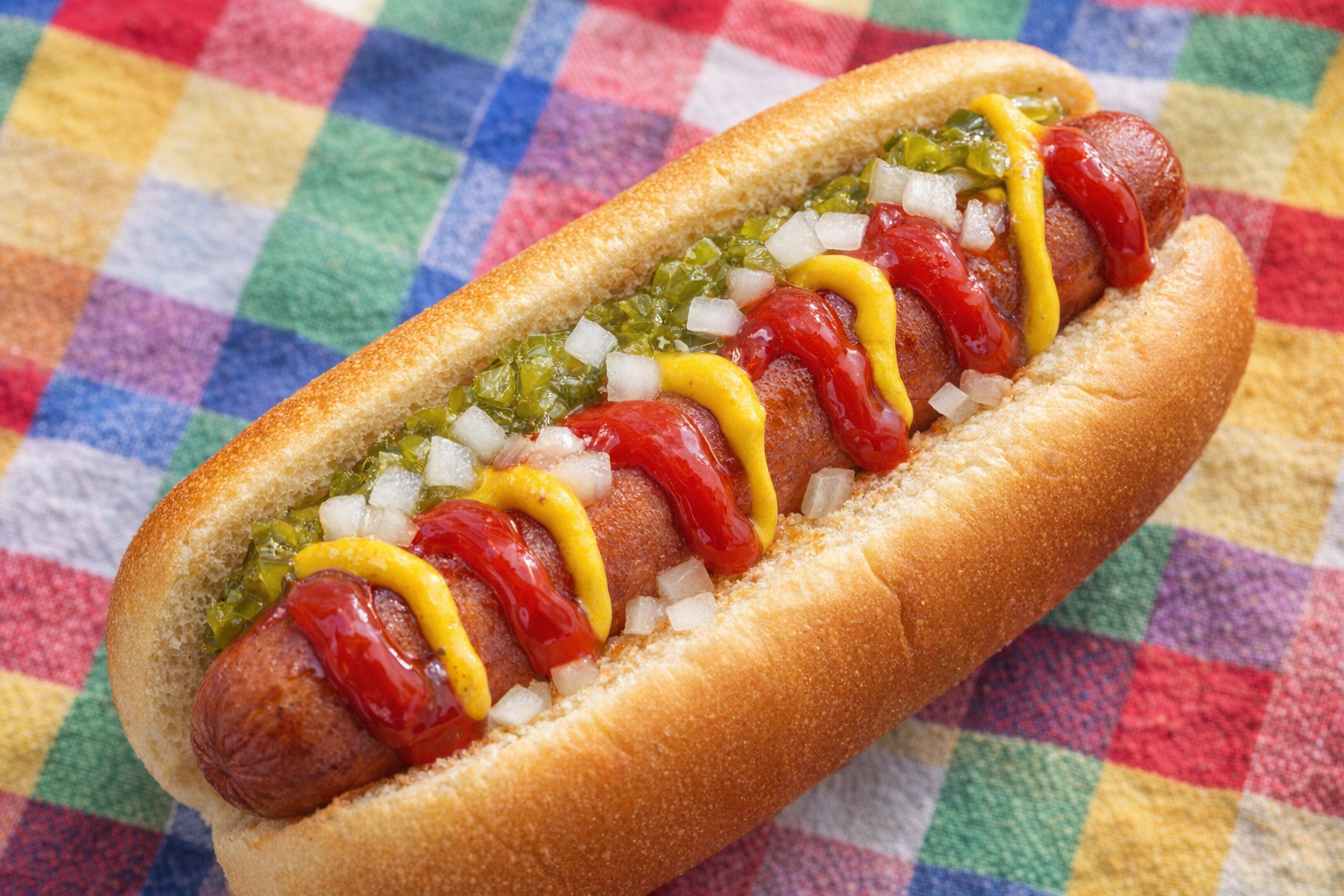 An overhead shot of a perfectly cooked hot dog in a toasted bun, topped with mustard, ketchup, relish, and chopped onions, set against a vibrant picnic blanket backdrop.